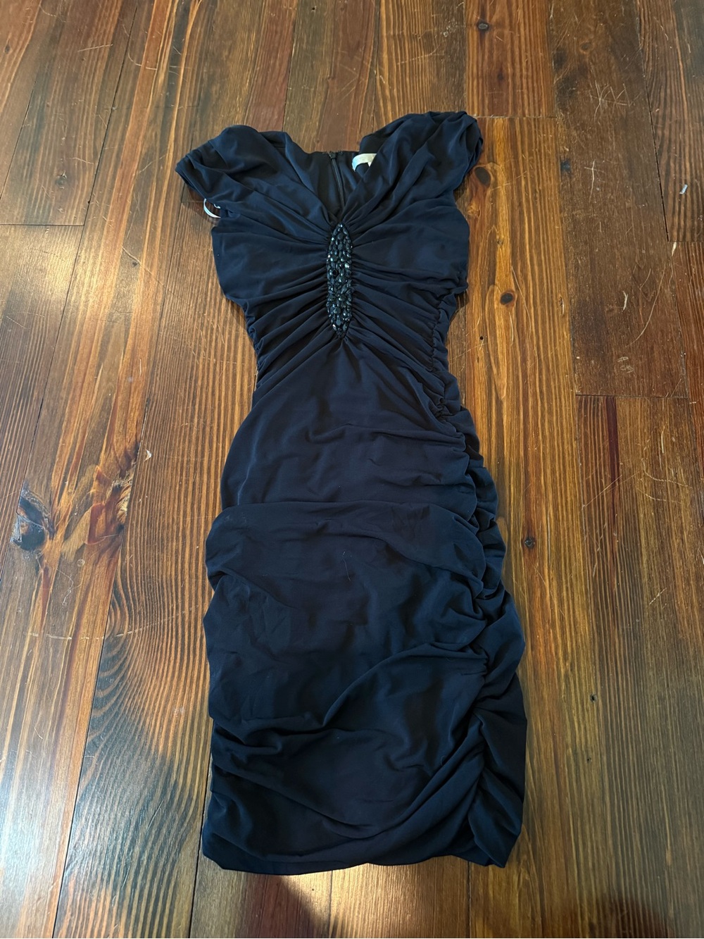 Boston Proper Black Beaded Ruched Mini Dress